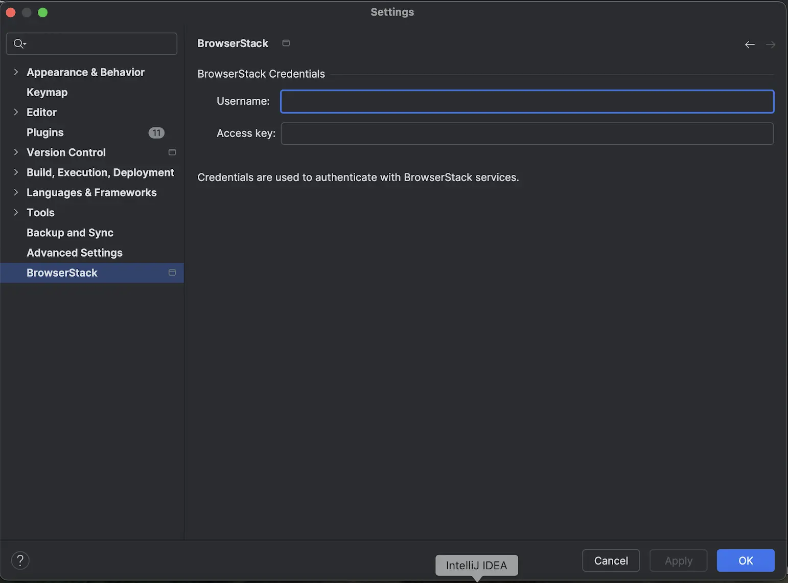 DevTools settings with Username and Access Key fields