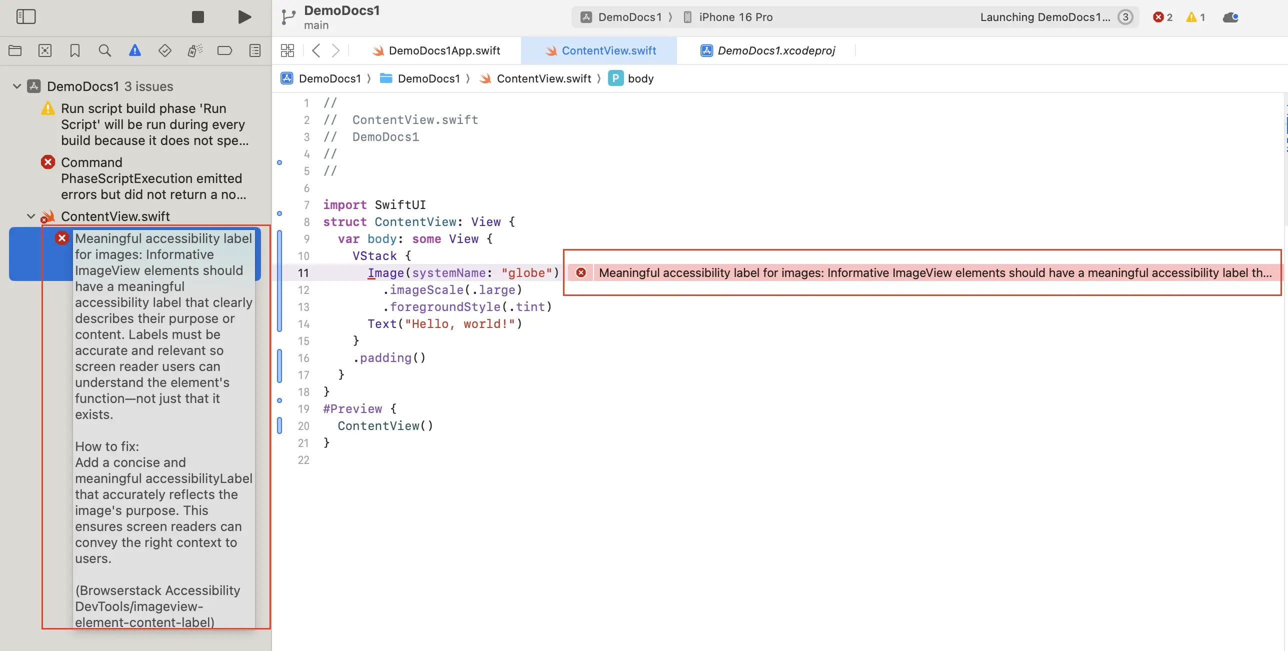 Screenshot of Xcode in which an Accessibility error is thrown which says the code violated a meaningful accessibility label error