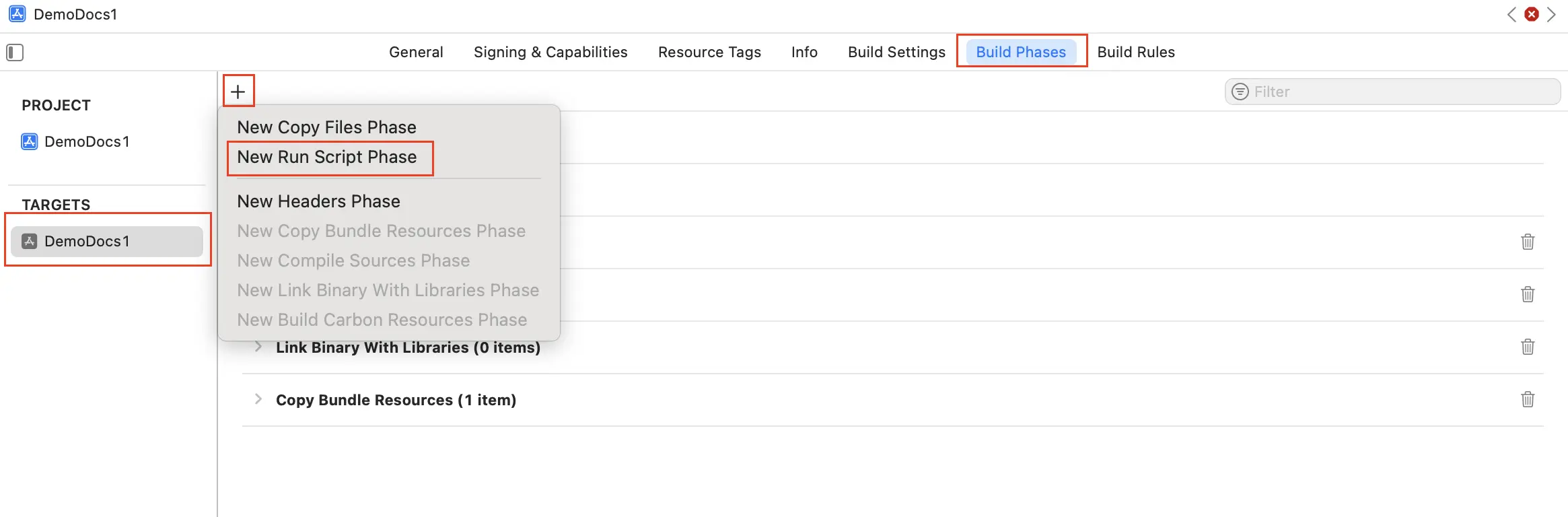 Screenshot of xcode in which the target, build phase and an option for creating new run script phase are highlighted