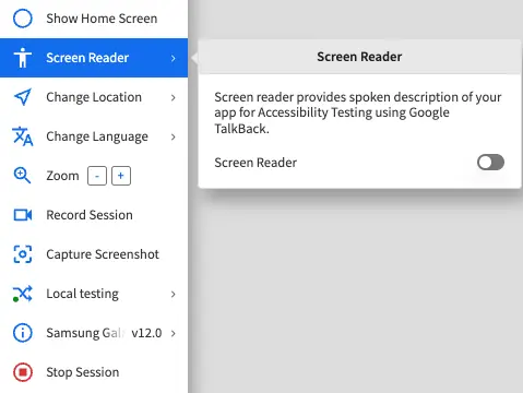 The Screen Reader prompt with the Screen Reader toggle.