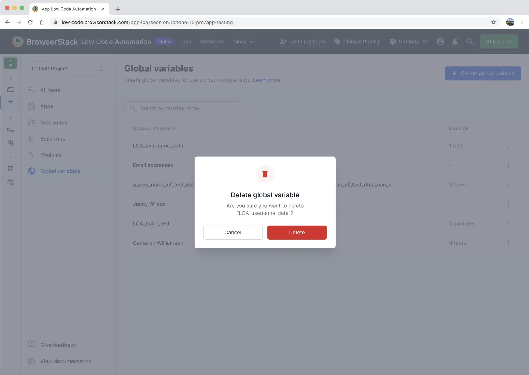 Delete global variable dialog in App Low Code Automation
