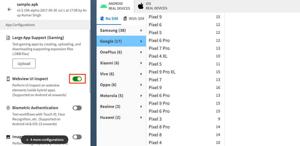 The app configurations section for the app with the Webview UI Inspect toggle highlighted by a red box.