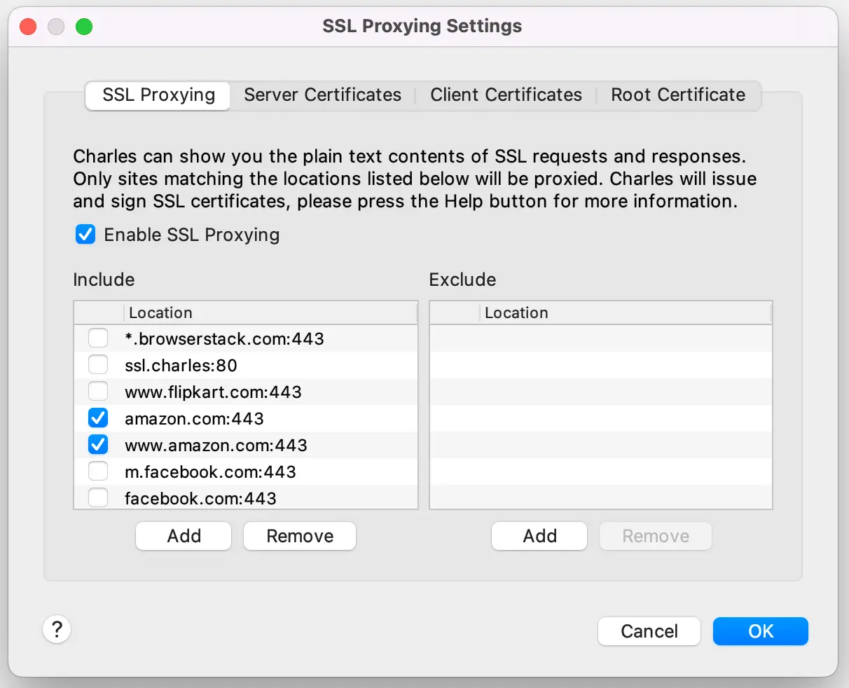 Screenshot showing installation of charles root certificate