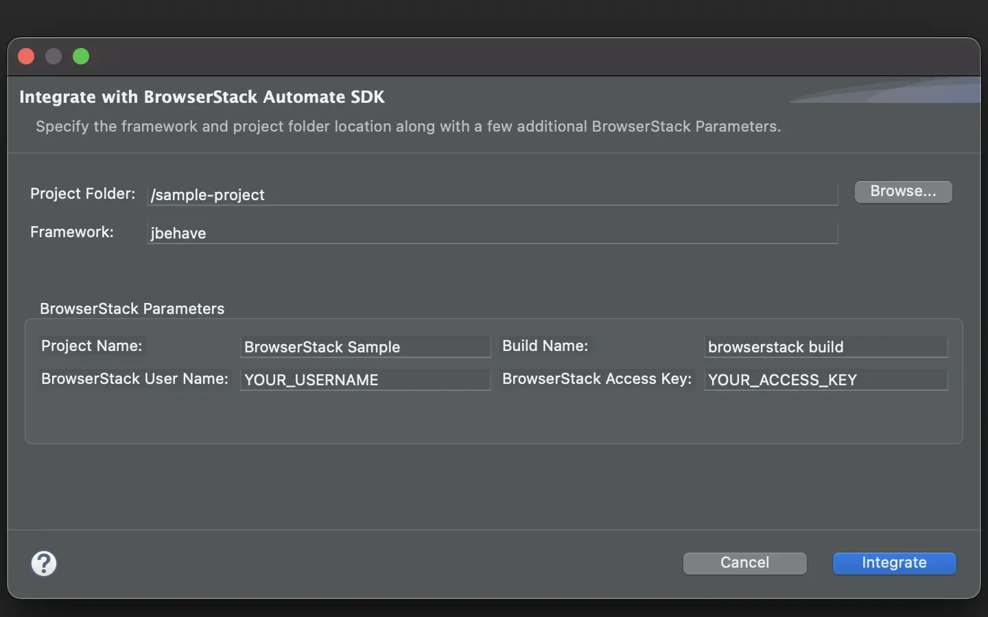 Screenshot showing the Integrate with BrowserStack SDK screen with parameters filled in