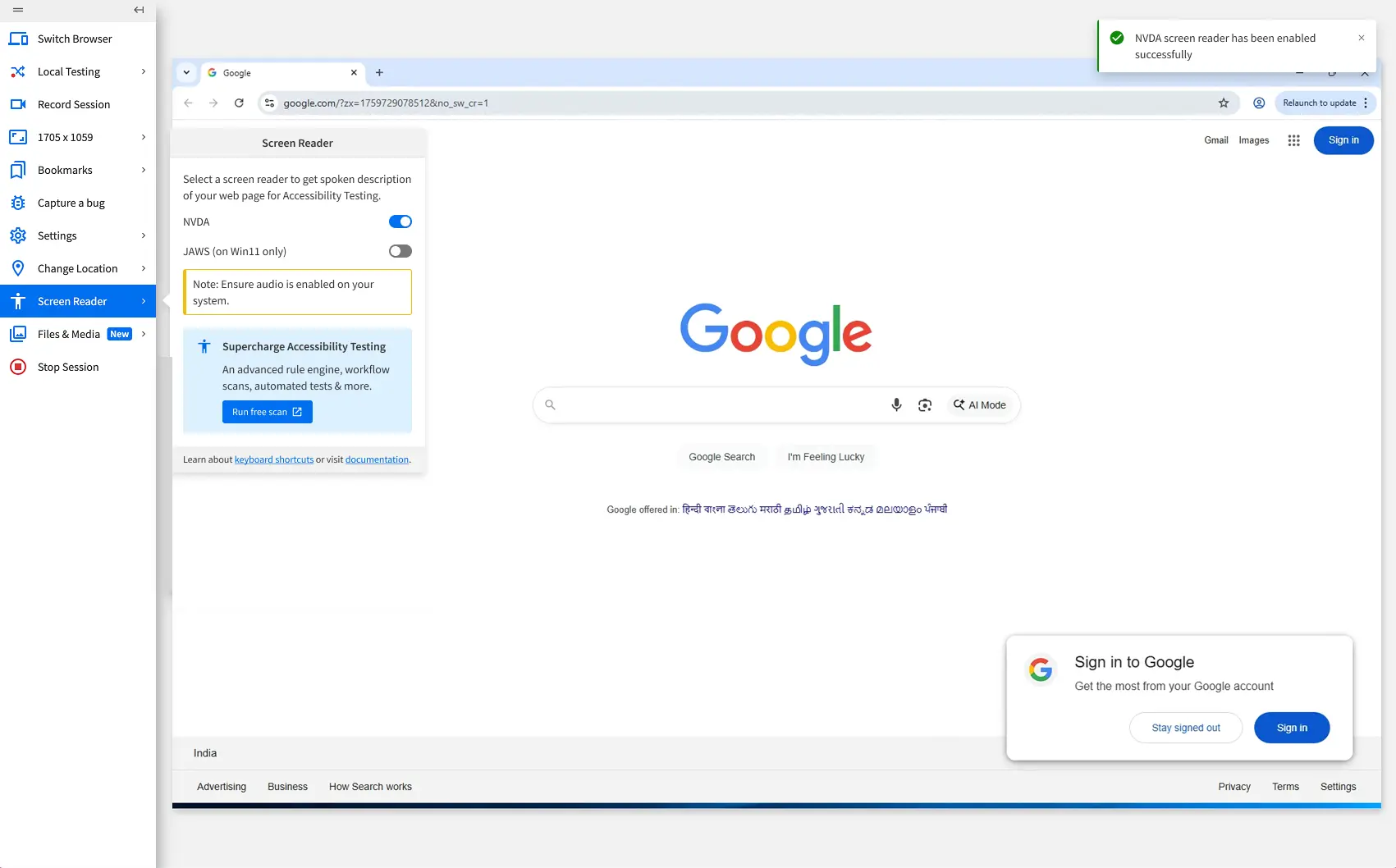 The Screen Reader settings menu with the toggle switched on to enable NVDA.