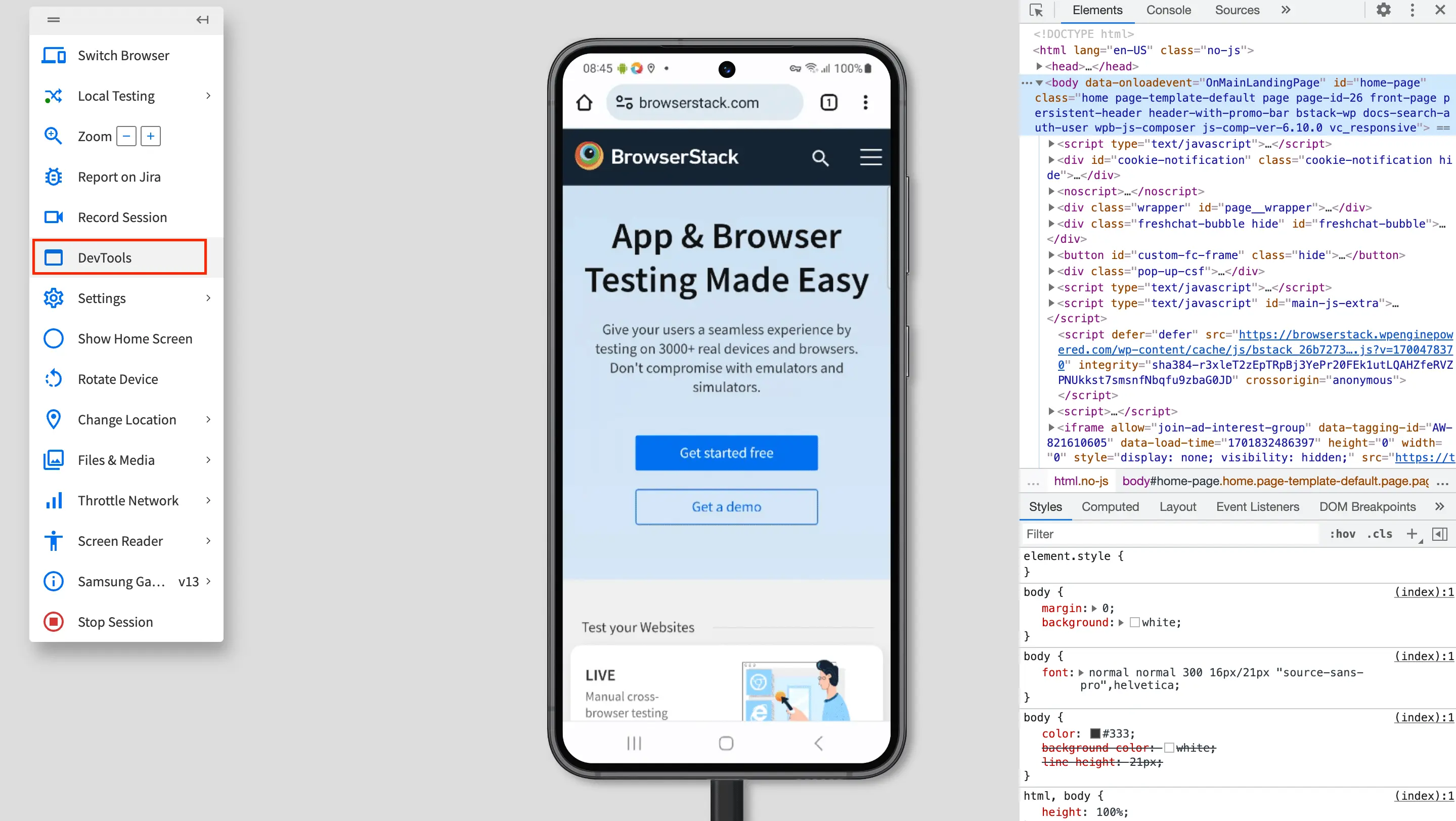 Open developer tools on mobile