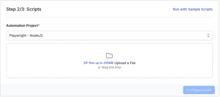 Screenshot of load testing dashboard asking to add scripts for load testing