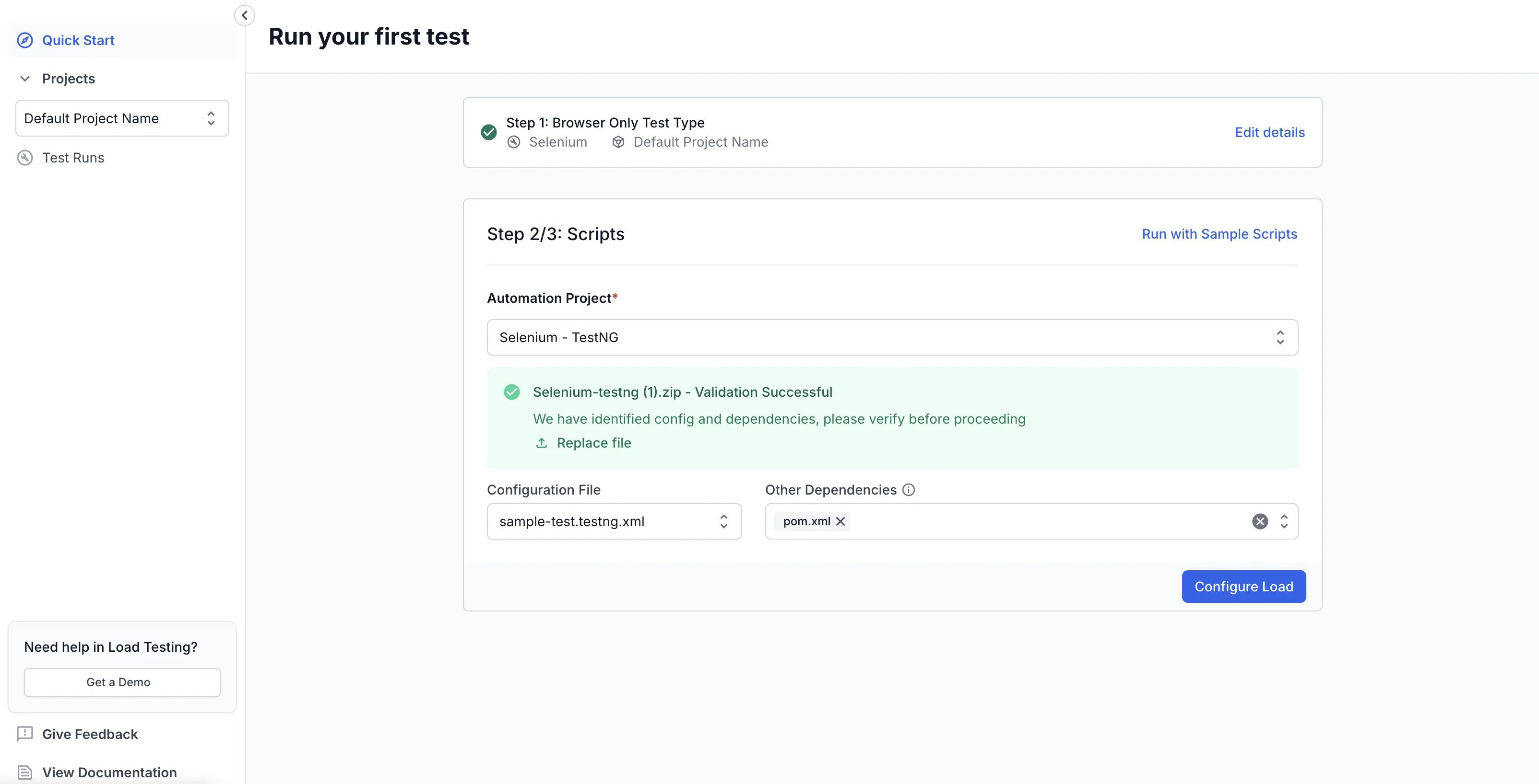 Dashboard showing successful validation of a Selenium project ZIP with config and dependencies
