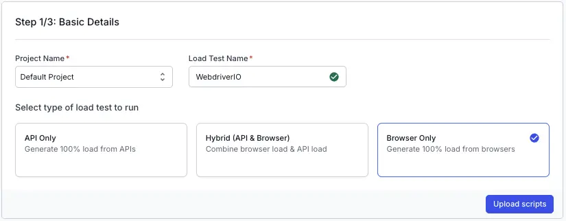 Dashboard showing test name field and type of load test to run
