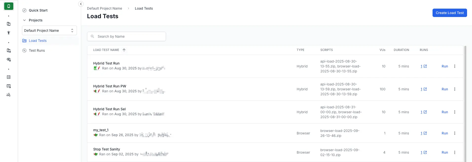 Screenshot of load testing dashboard showing the run a new test button highlighted