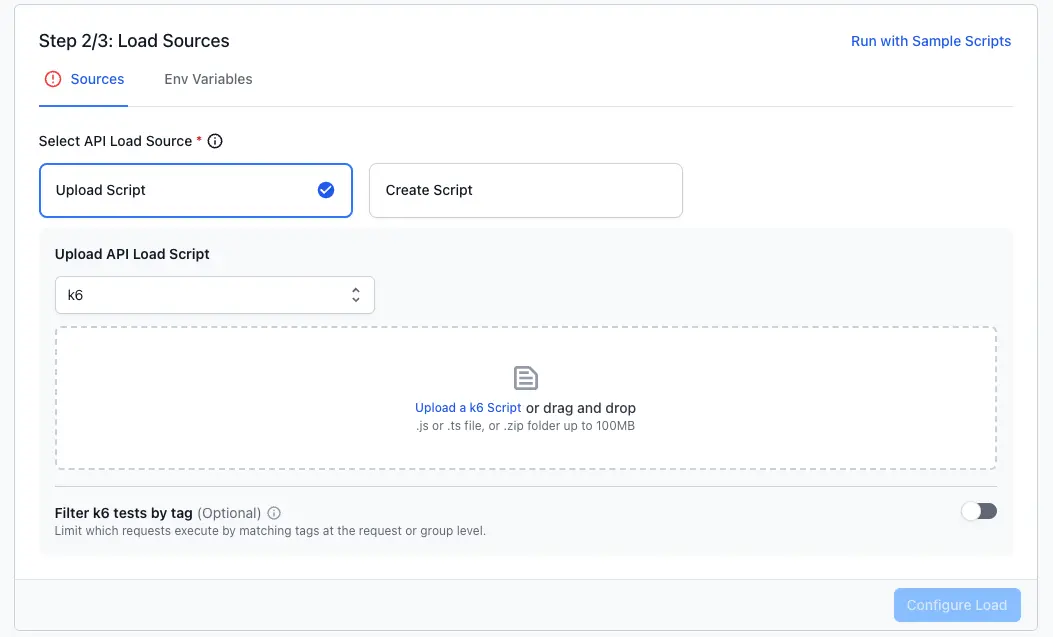 Load sources step with the k6 script uploader accepting a .js or .ts file, or a .zip folder