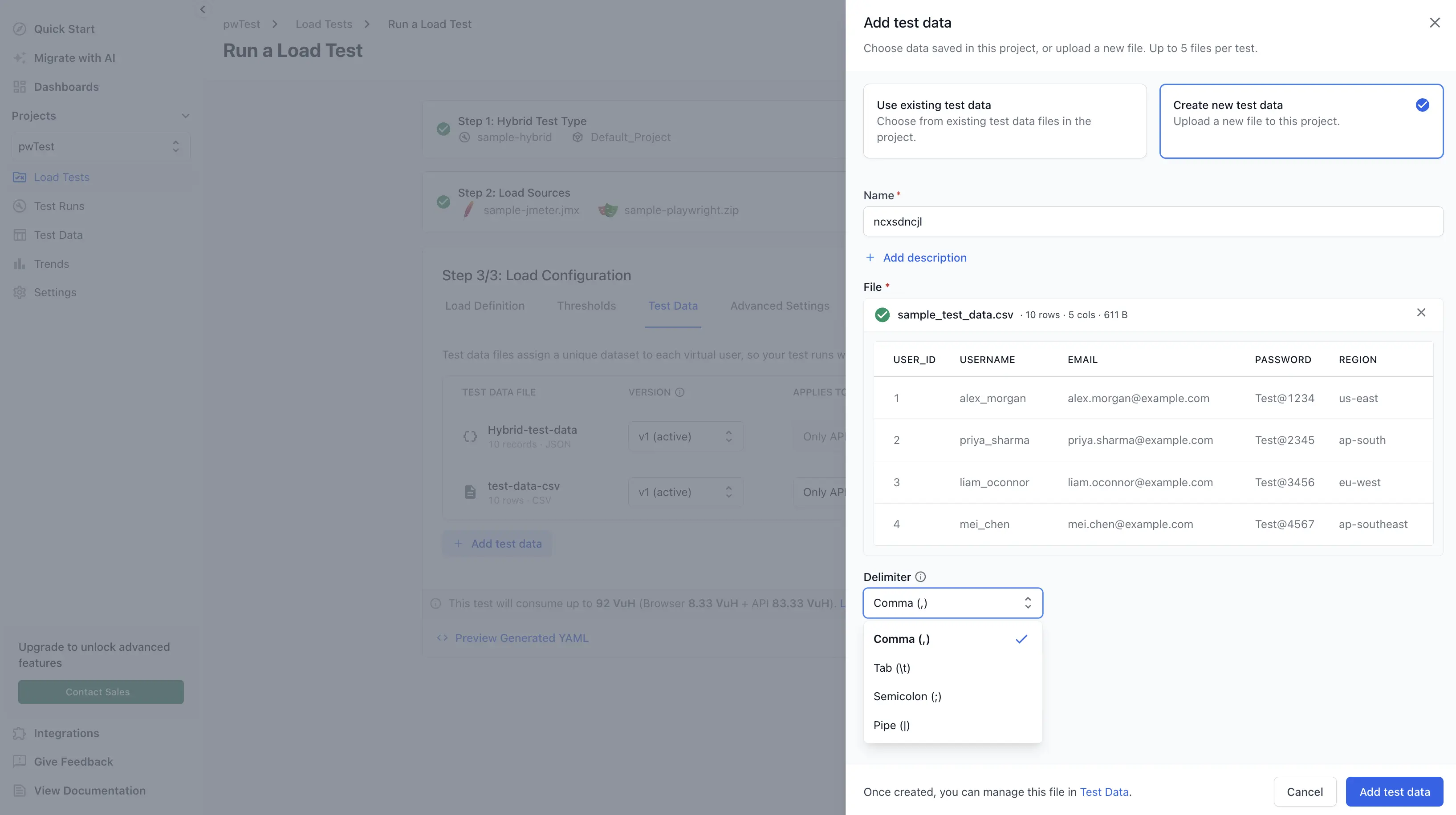 Test Data section showing linked test data files with version, assignment, and management action buttons