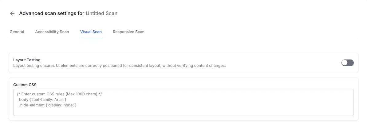 Visual scan settings page showing the Add delay and Layout testing option
